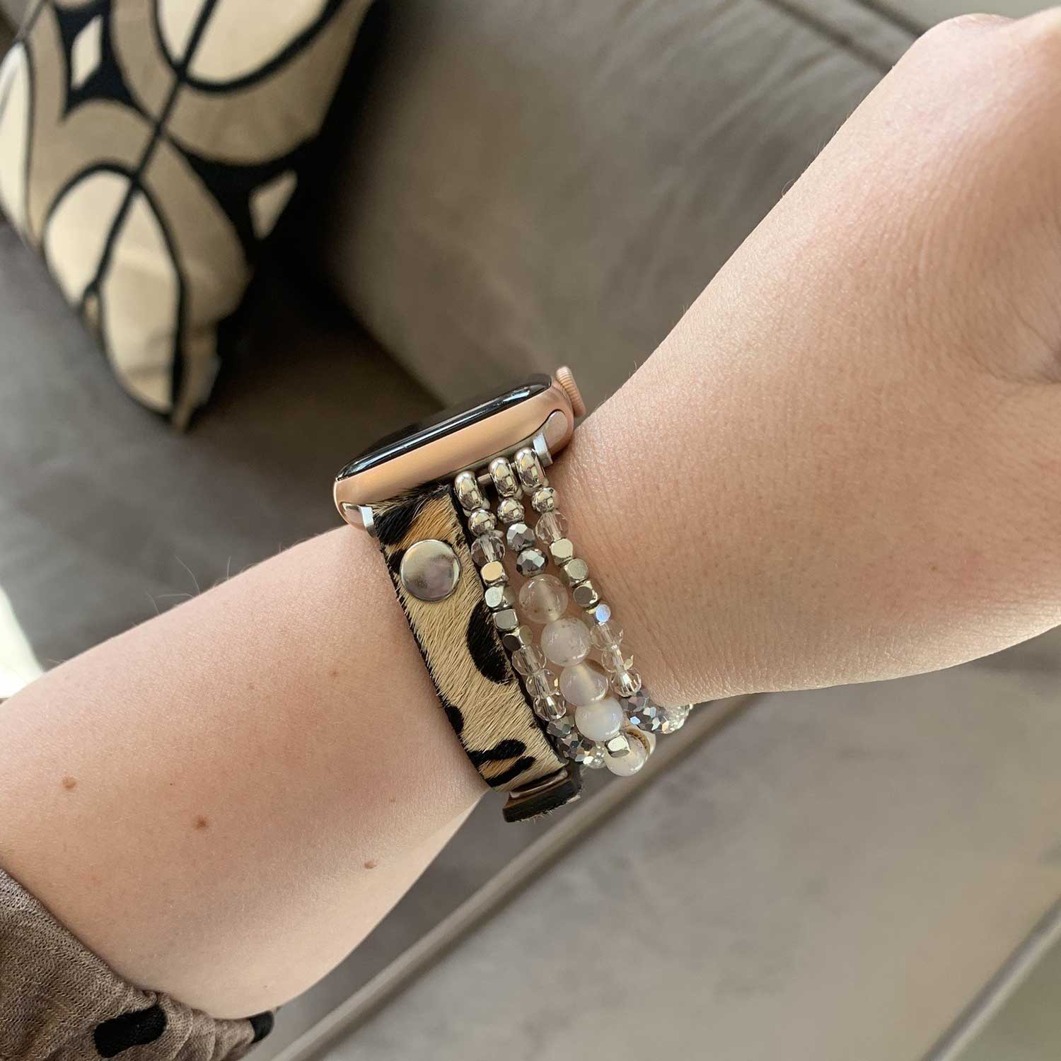 Cinturino gioiello in pelle per Apple Watch - argento leopardato