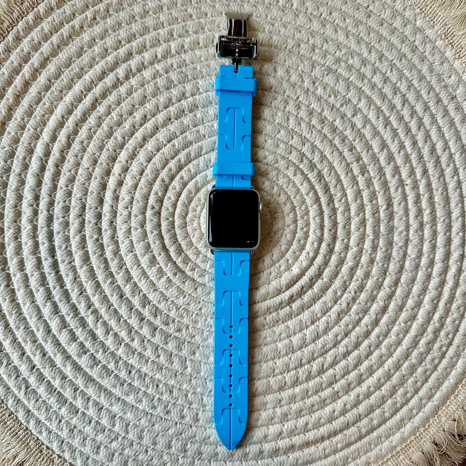 Cinturino sport Hermès simple tour kilim Apple Watch - Bleu Céleste