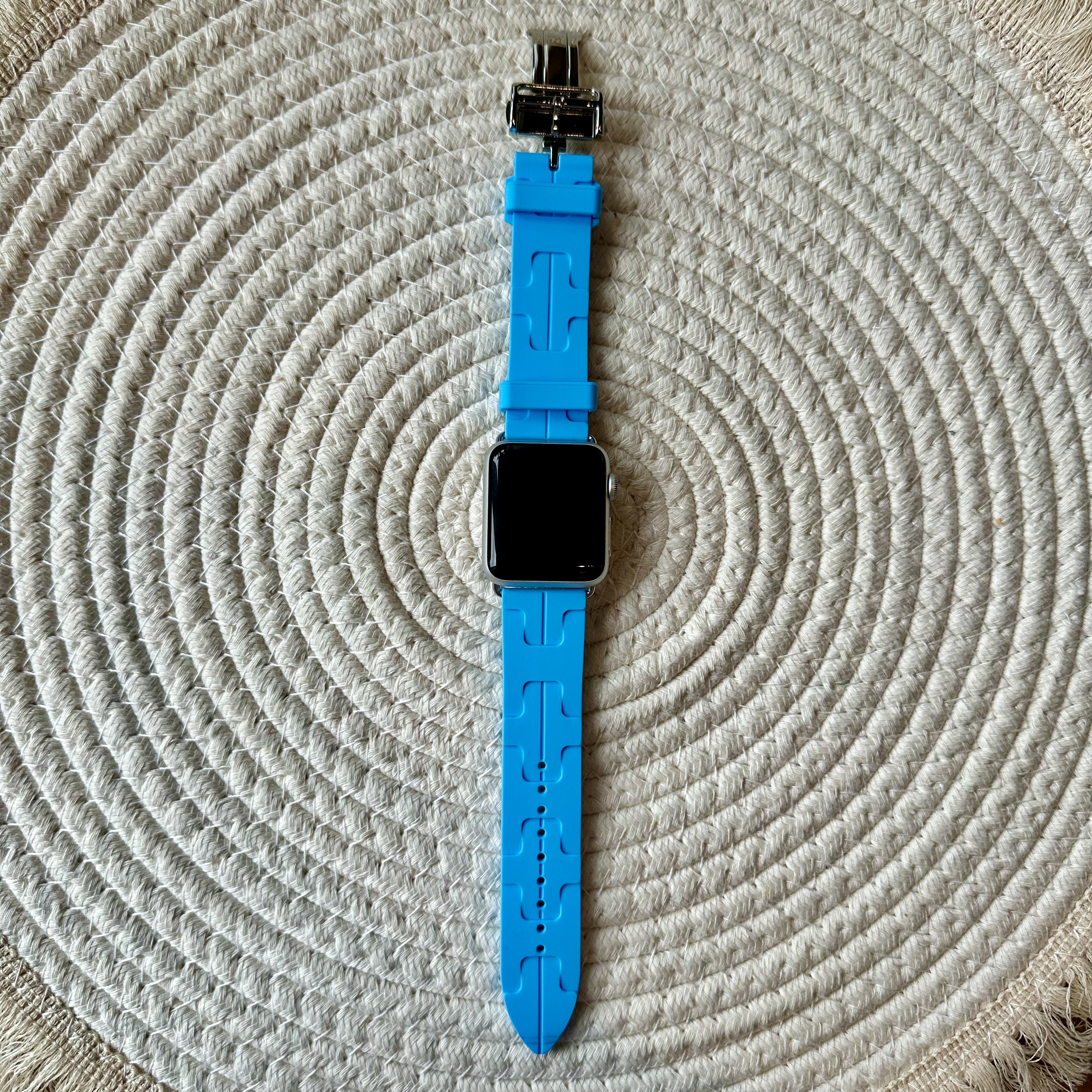 Cinturino sport Hermès simple tour kilim Apple Watch - Bleu Céleste