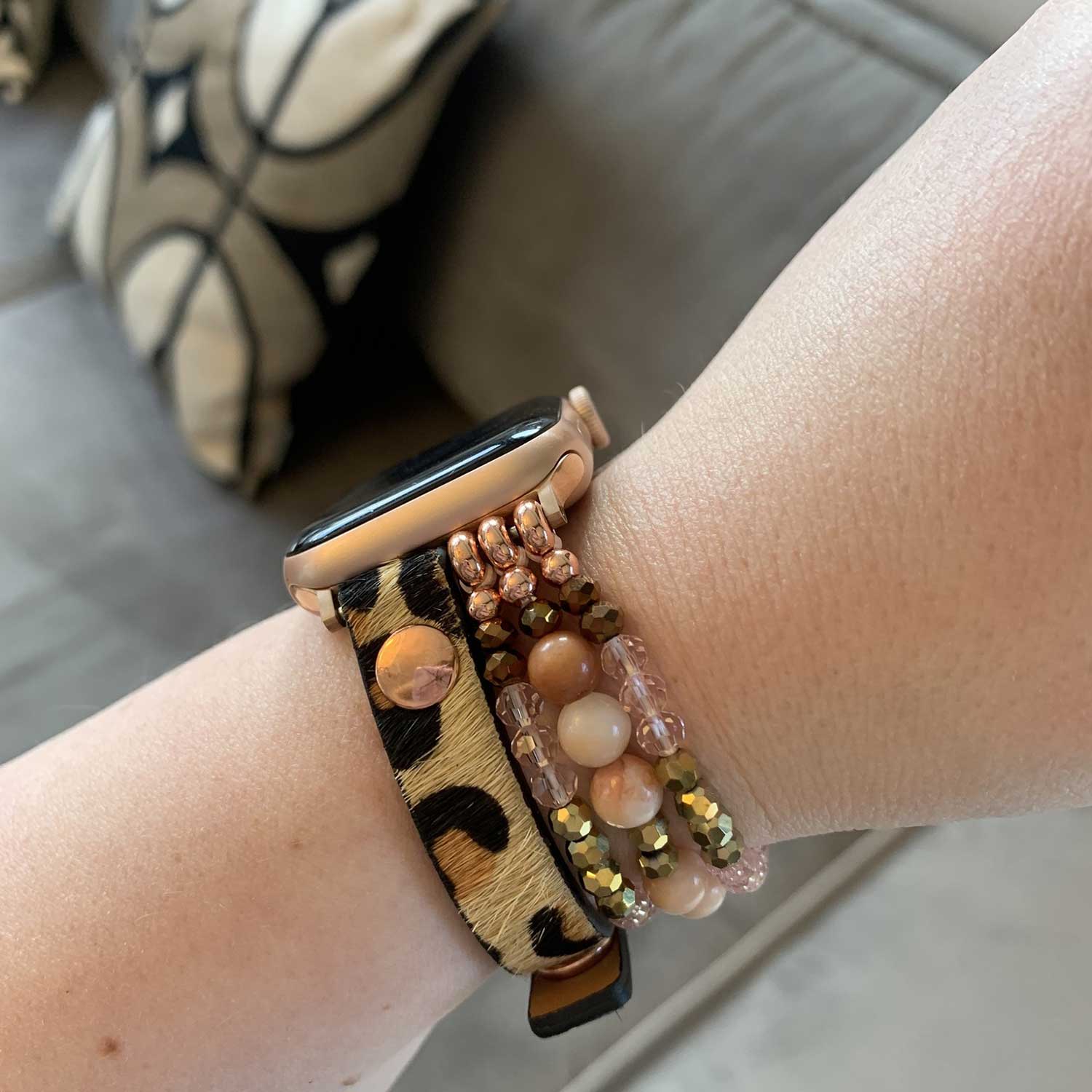 Cinturino gioiello in pelle per Apple Watch - oro rosa leopardato